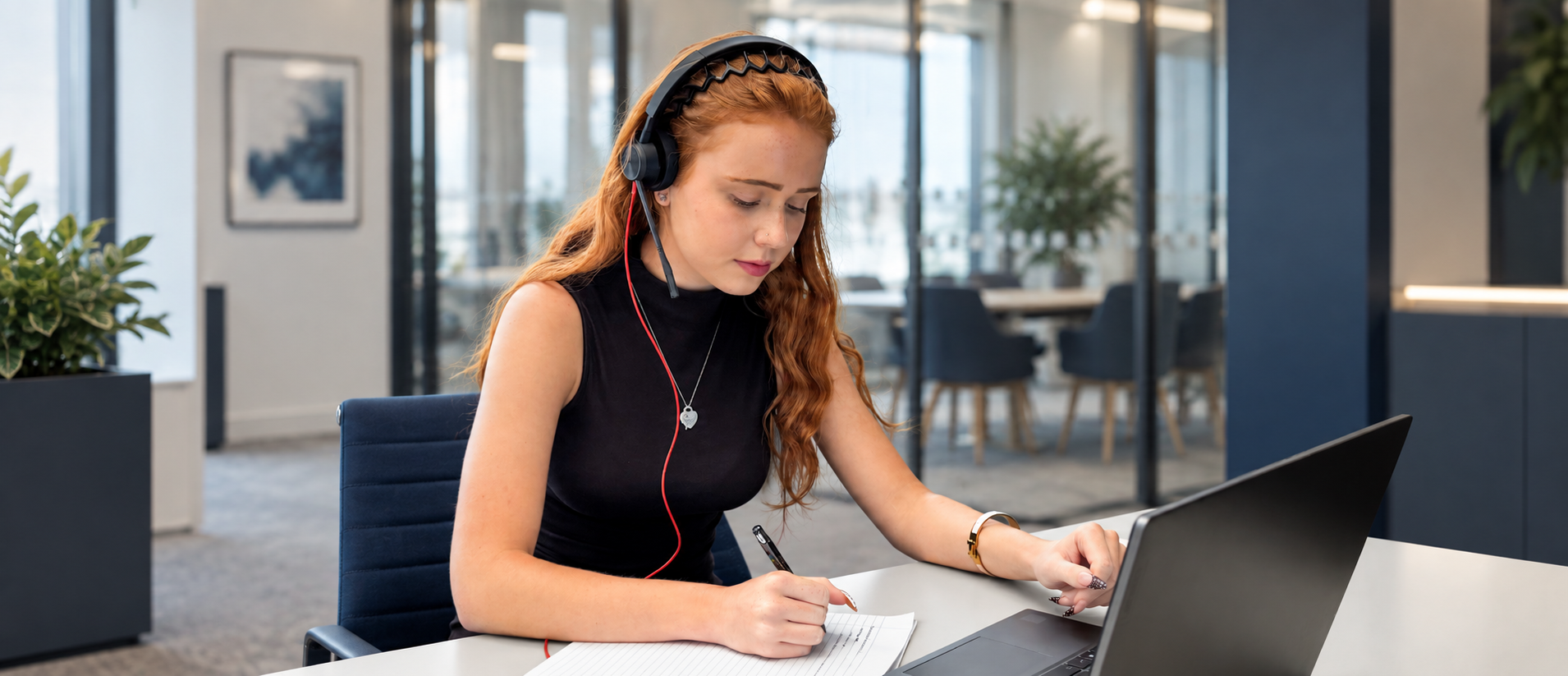 male accountant wearing headset speaking on laptop